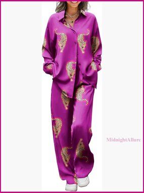 Satin Pajama Set Long Sleeve V-Neck Button Down Elastic Waist Pants